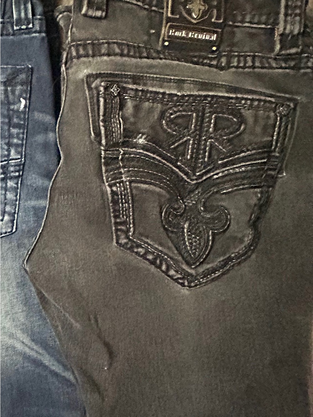 Rock Revival Men’s Dark Gray Slim Jeans with Embroidered Back Pocket